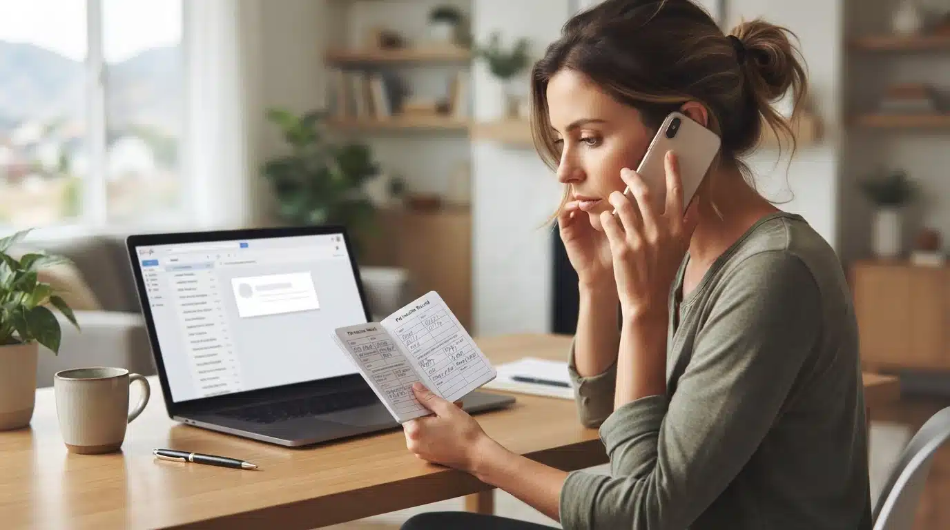 Person on phone with vaccine booklet and laptop