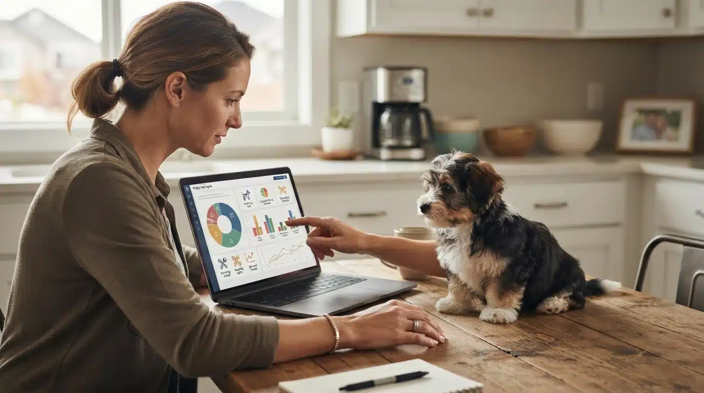 Brewer reviews puppy pricing notes with Havanese nearby
