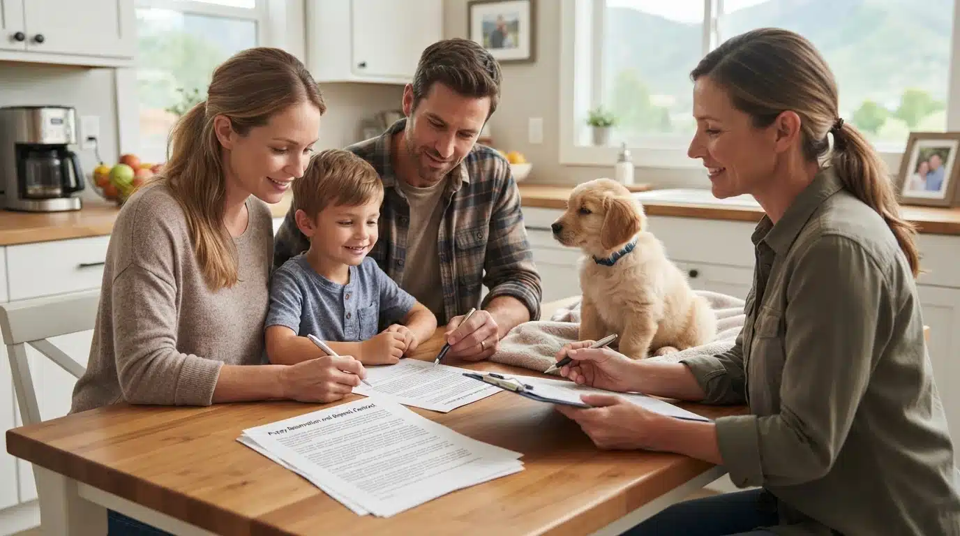 Family signing a puppy reservation form at a kitchen table