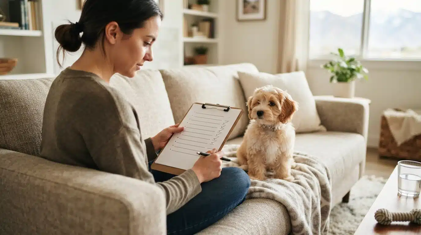 Buyer reviewing puppy checklist on couch
