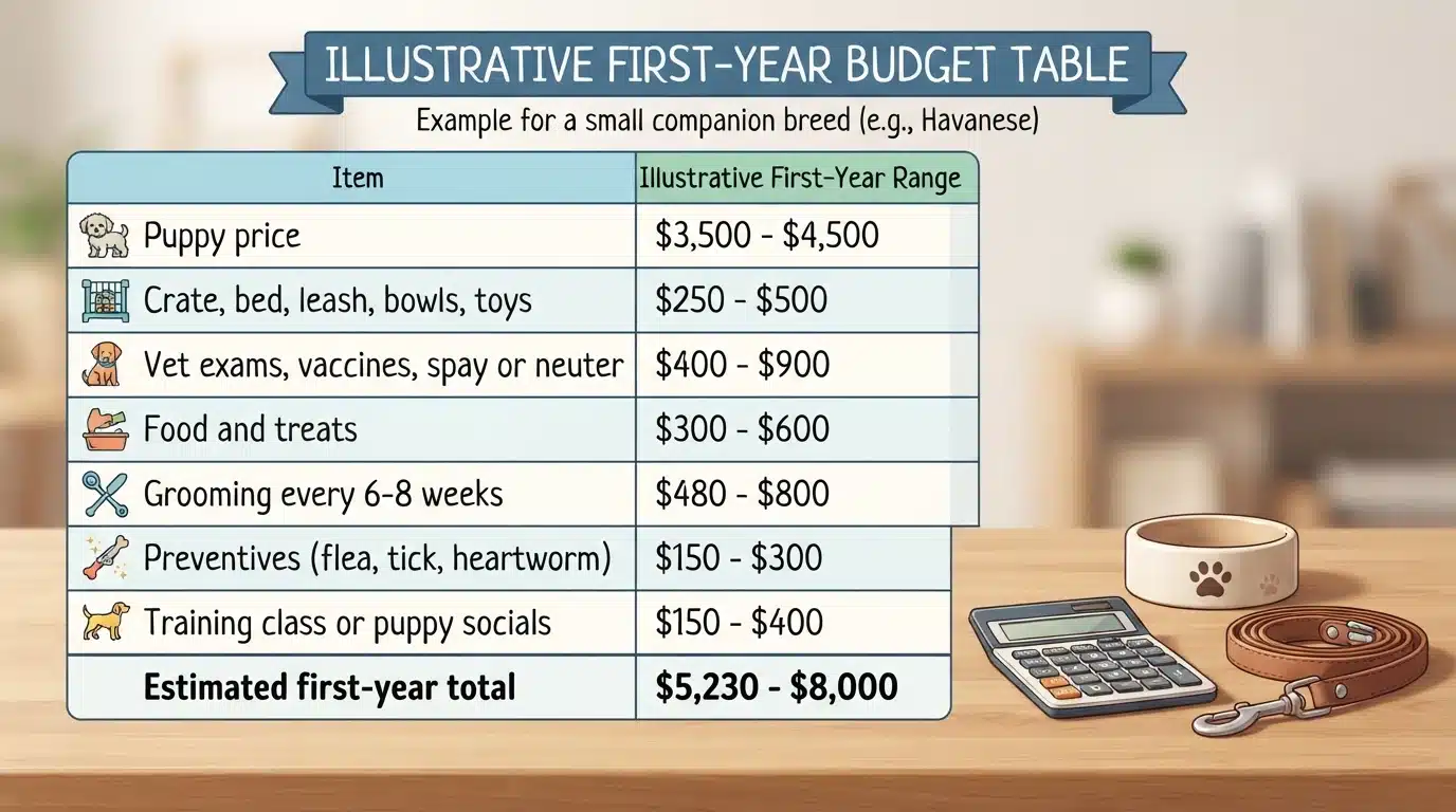 Handwritten first-year puppy budget worksheet on a wooden desk