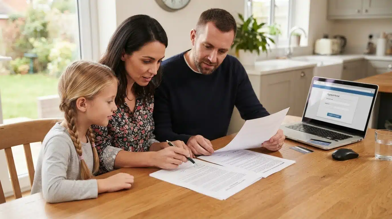 Family reviewing a printed puppy contract