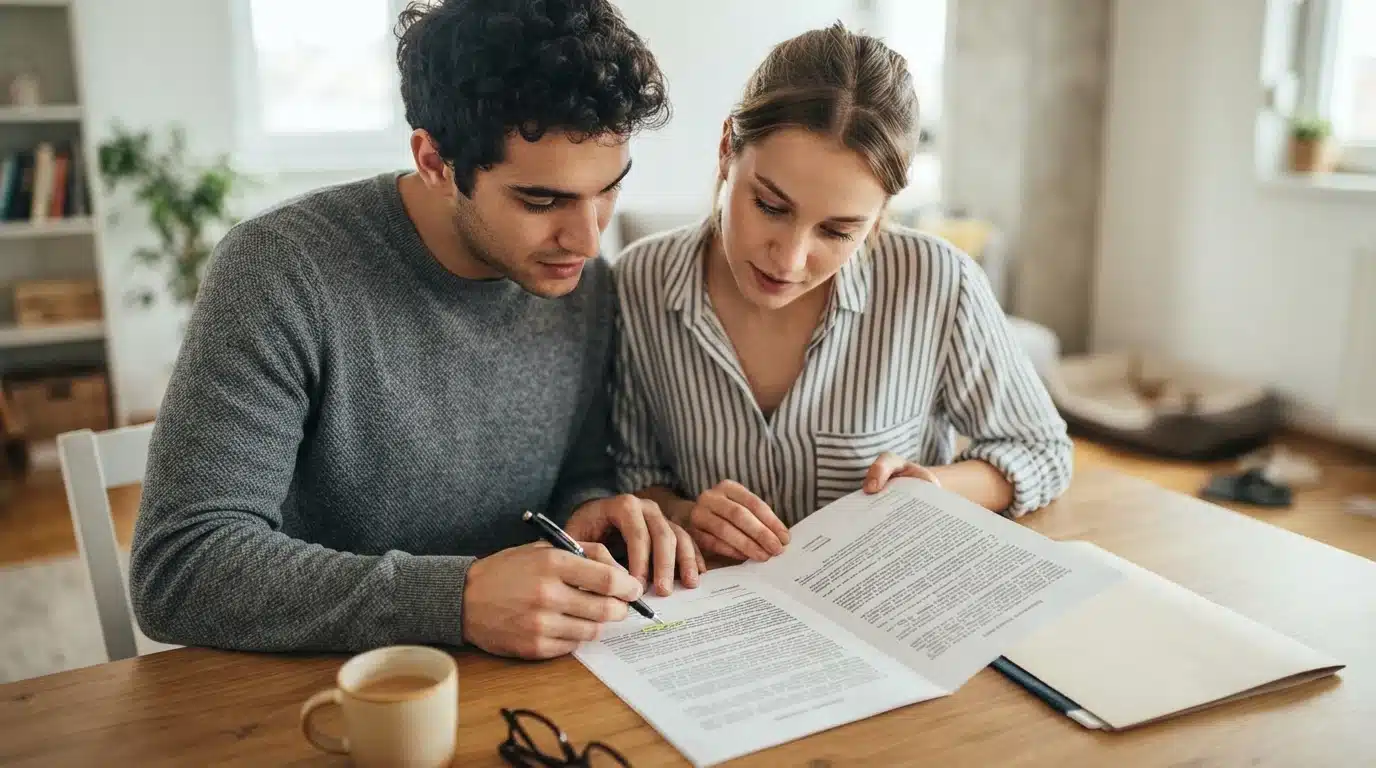Couple reviewing puppy contract clauses together