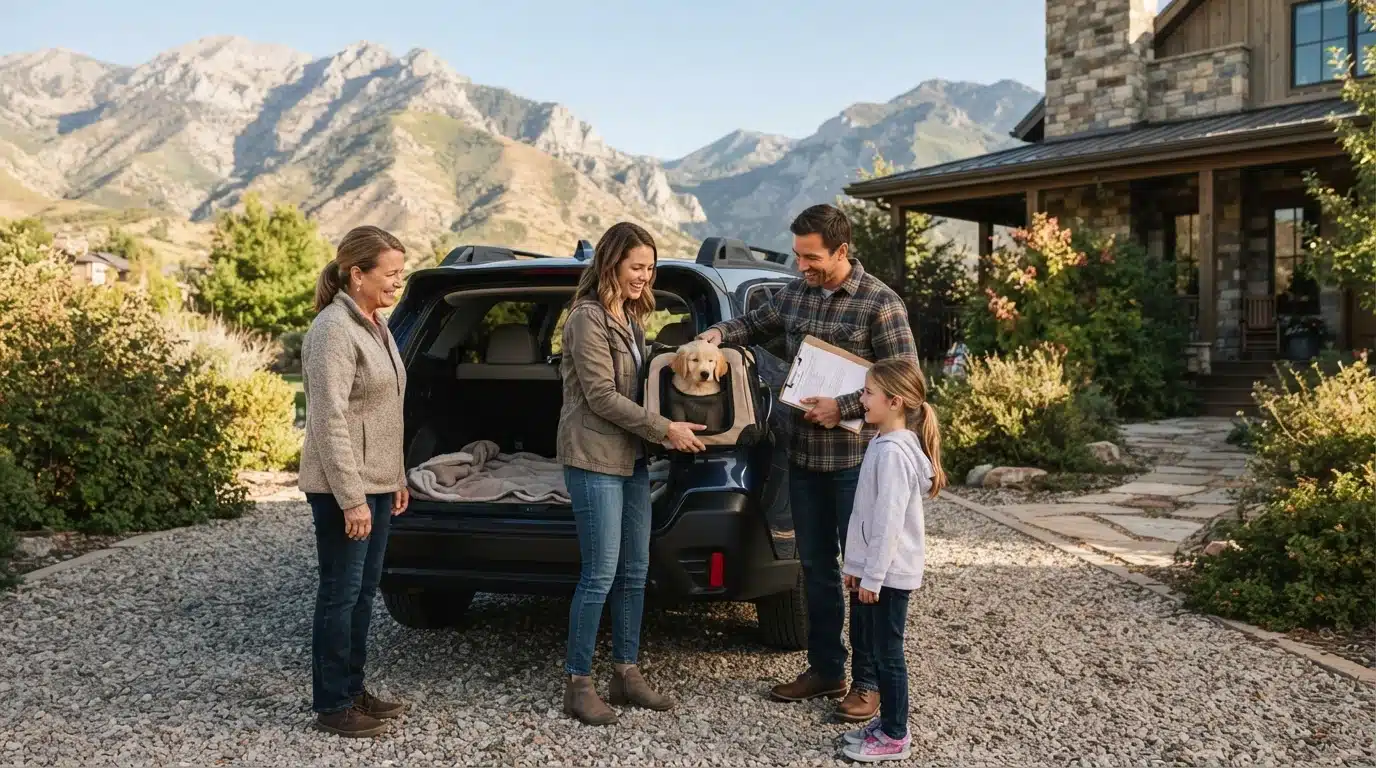 Family loading a puppy carrier into their car