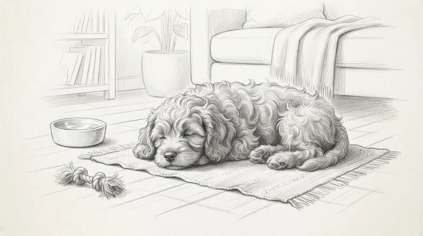 Tired Cavapoo puppy resting on a mat