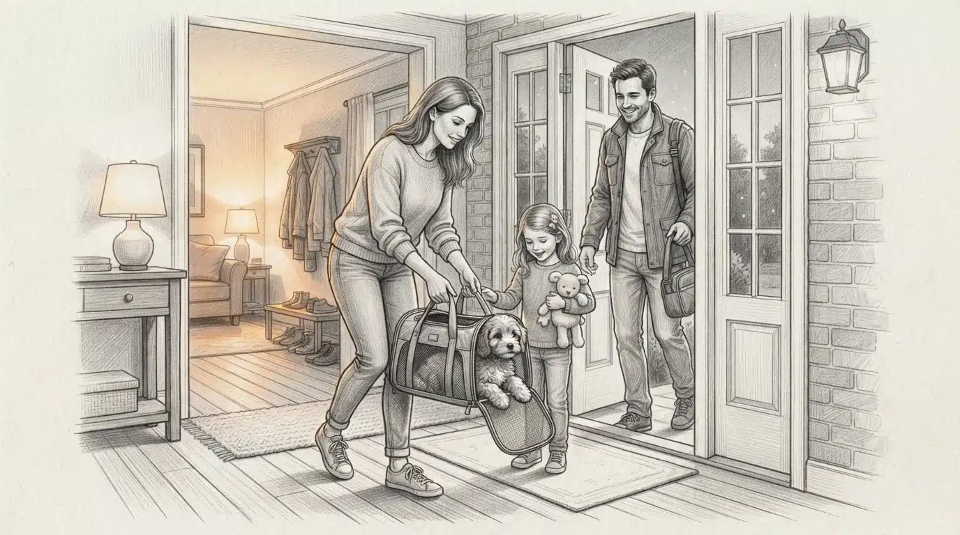 Family bringing home a Cavapoo puppy