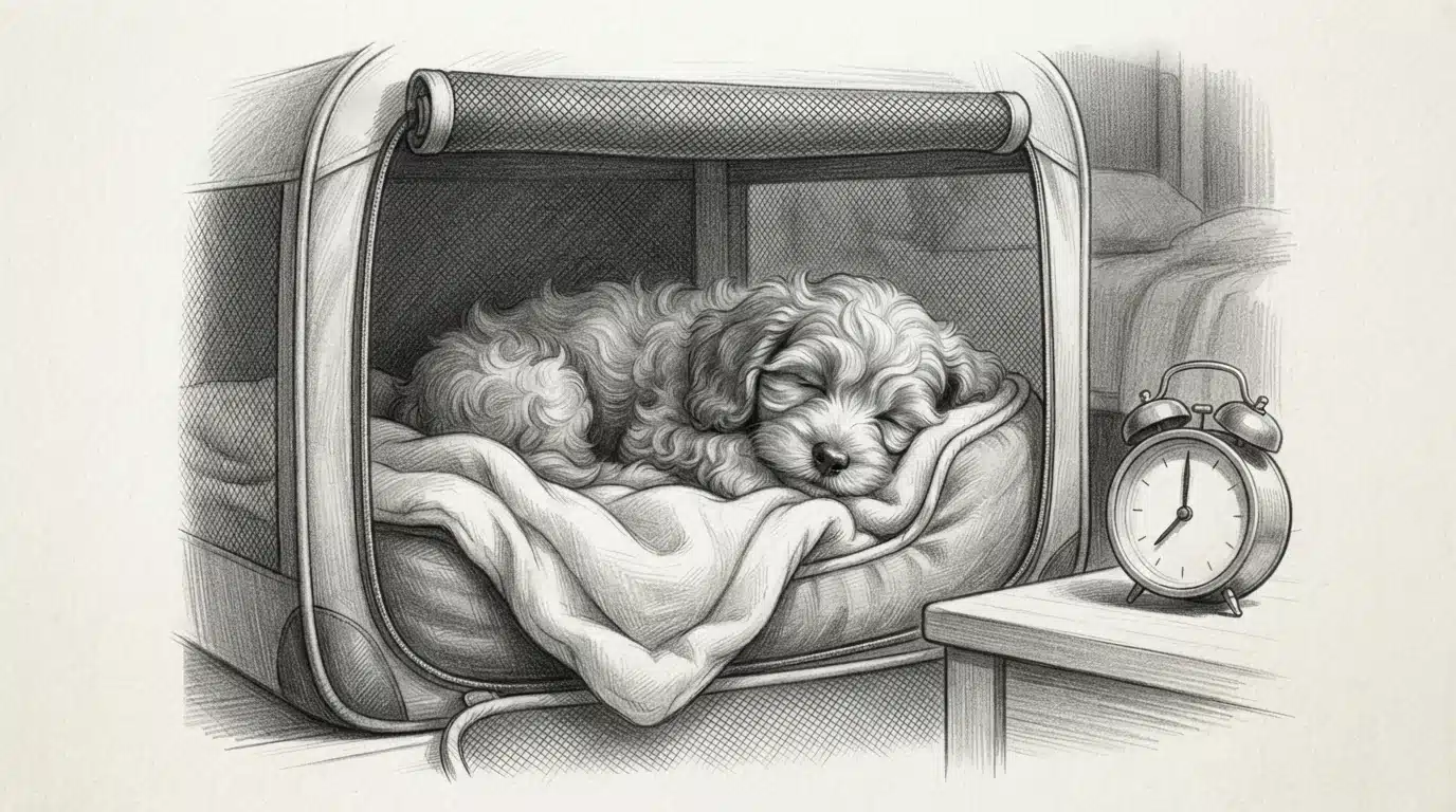 Cavapoo Puppy Sleeping Beside a Ticking Clock