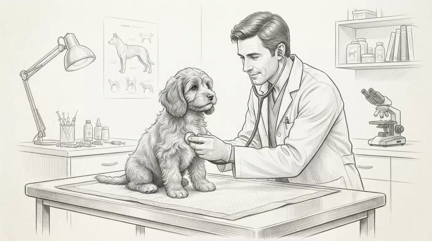 Vet examining a Cavapoo puppy on a clinic table