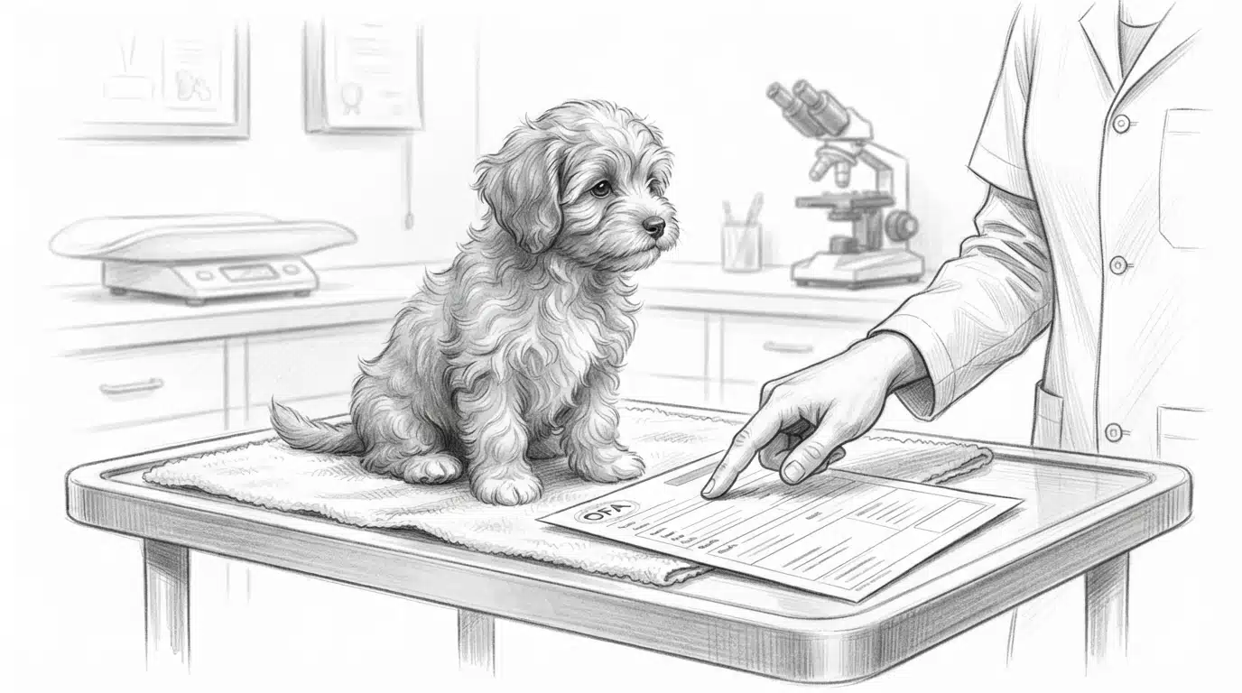 Breeder pointing at health certificate beside small puppy on exam table