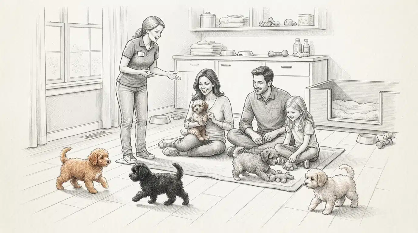 Family viewing playful Havapoo puppies in a clean room