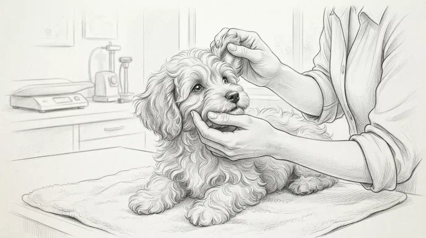 examining a Havapoo puppy's eyes and ears