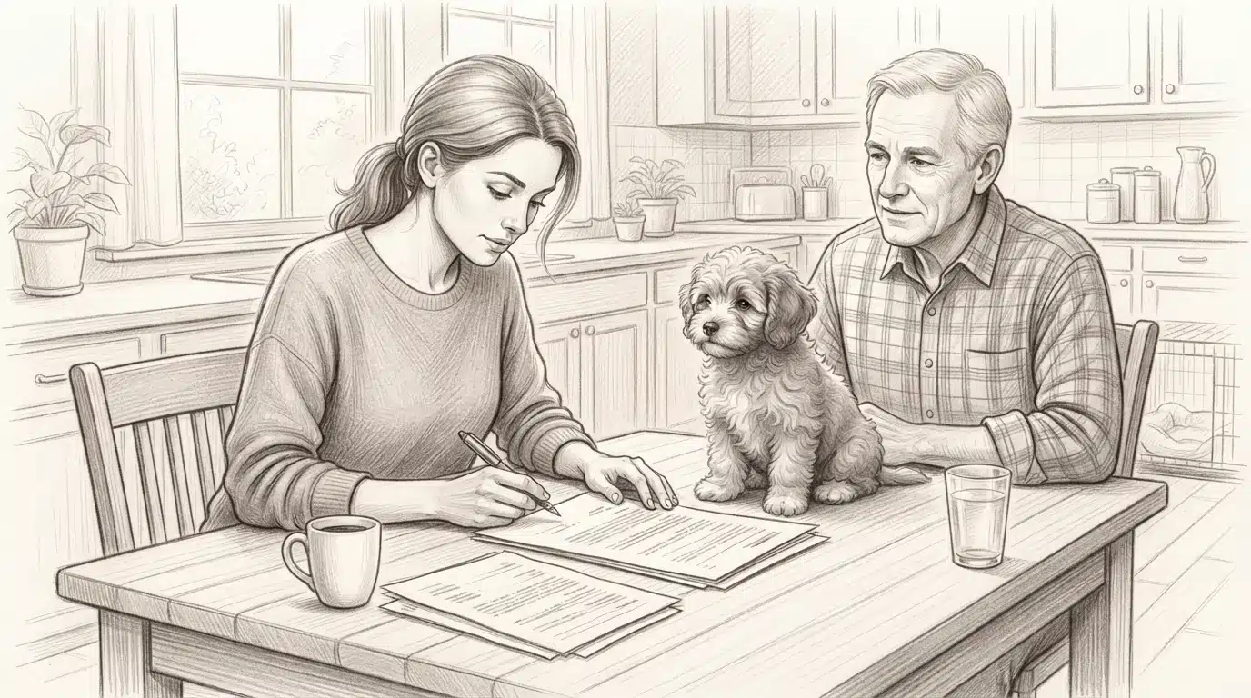 Buyer reviewing puppy purchase contract at table