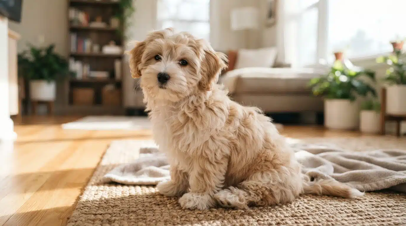 Fluffy Havanese puppy in a sunlit living room