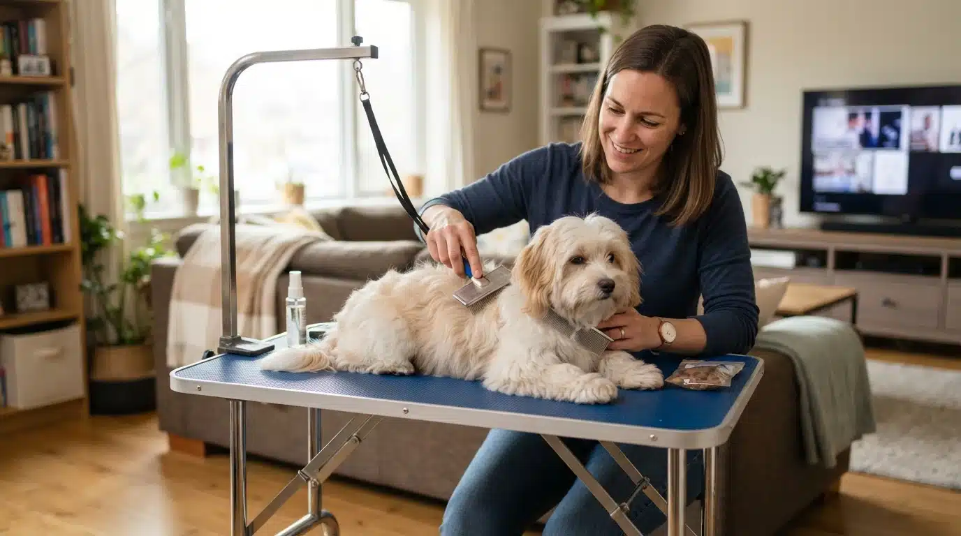 Owner brushing a calm Havanese at home