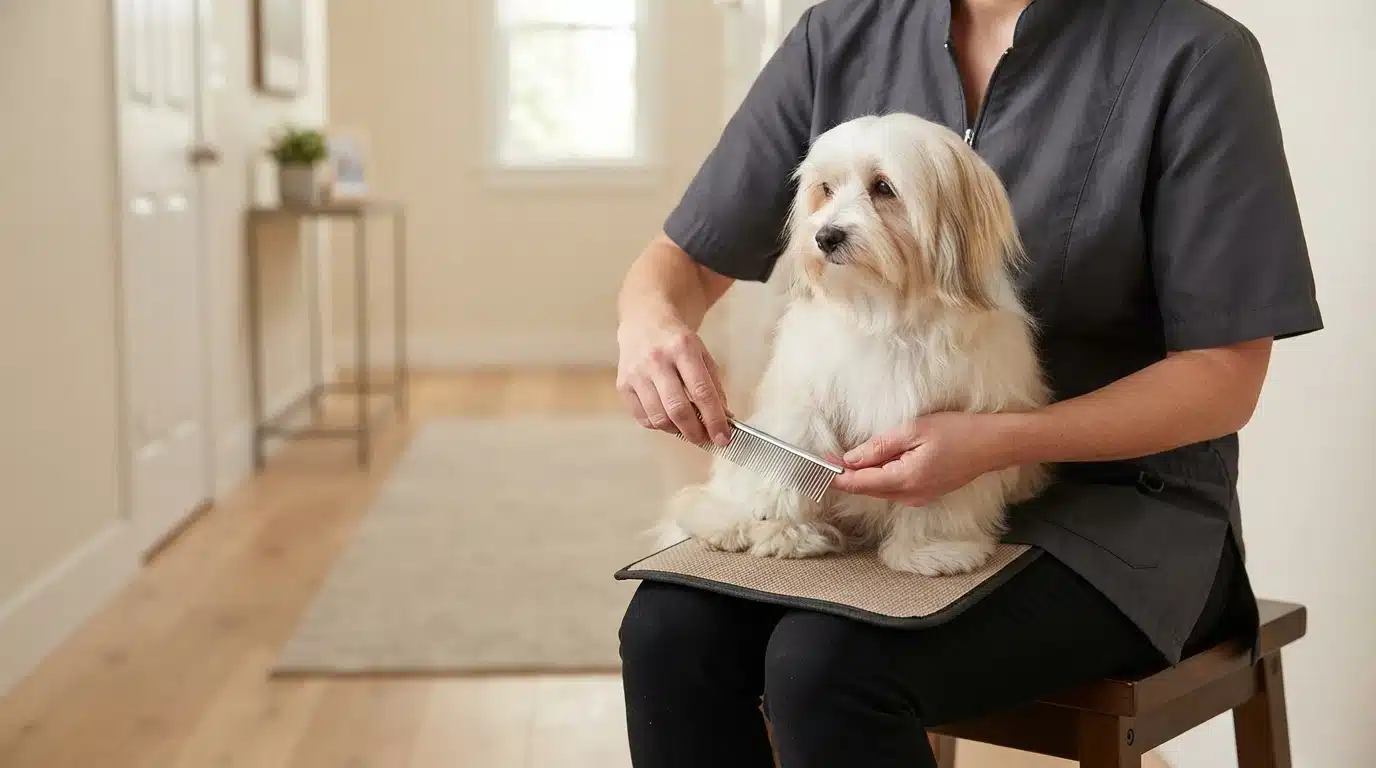 Person gently combing a Havanese on a grooming stool
