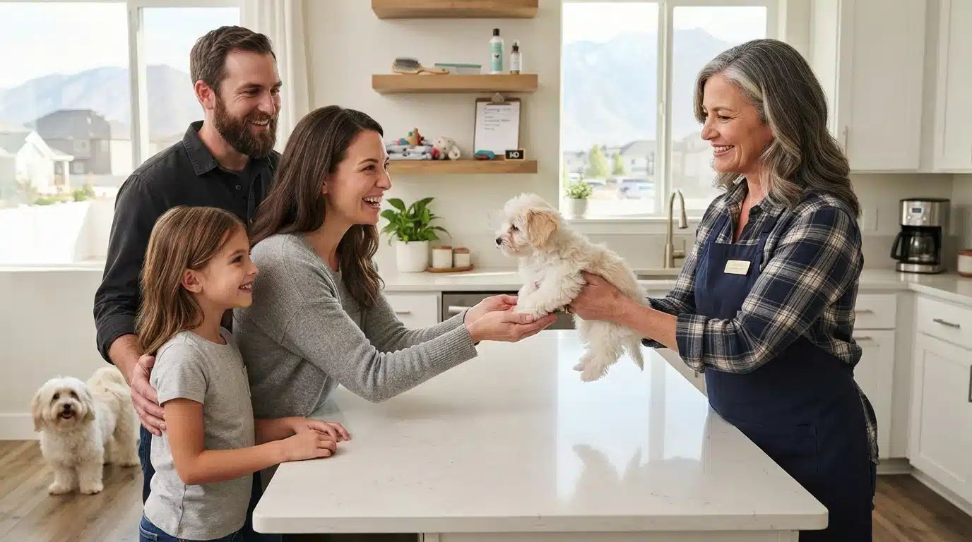 Breeder hands a Havanese puppy to a smiling family
