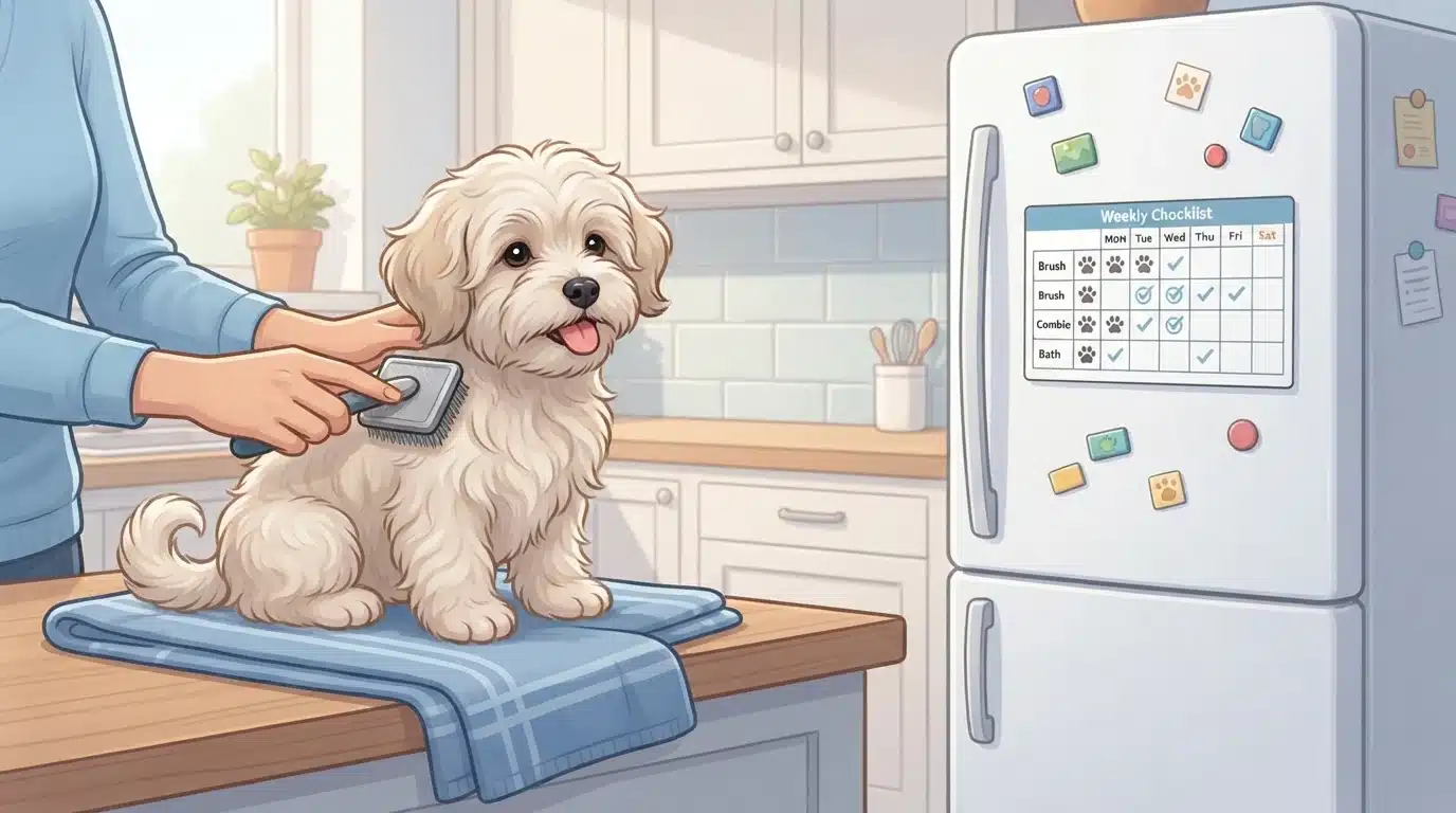 Weekly puppy grooming checklist beside a brushed Havanese puppy