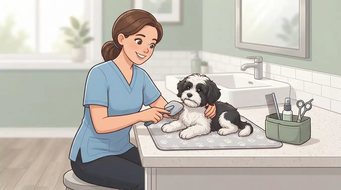 Woman gently brushing a Havanese puppy