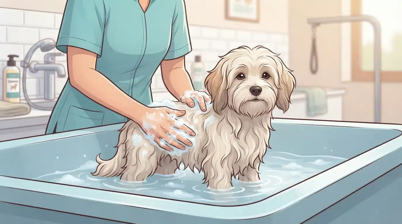 Person bathing a fluffy puppy in a tub