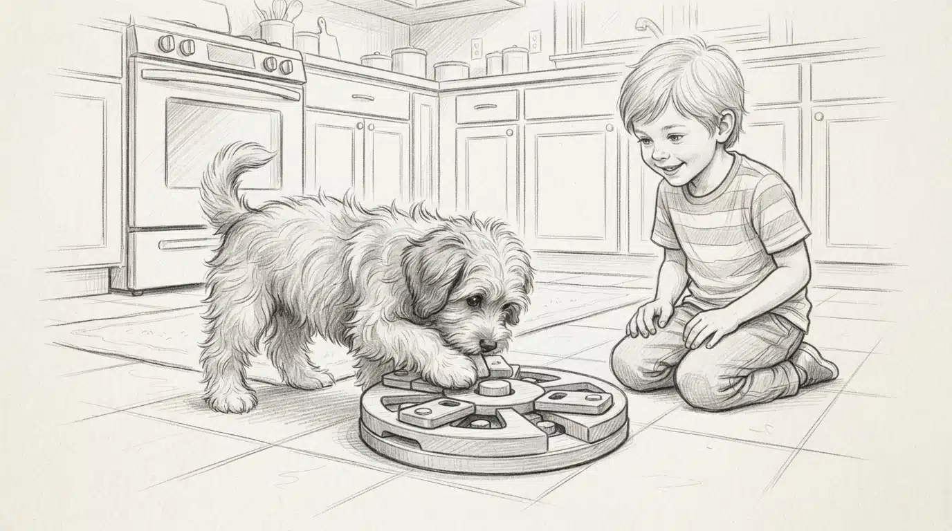 Havanese puppy solves a treat puzzle with a child