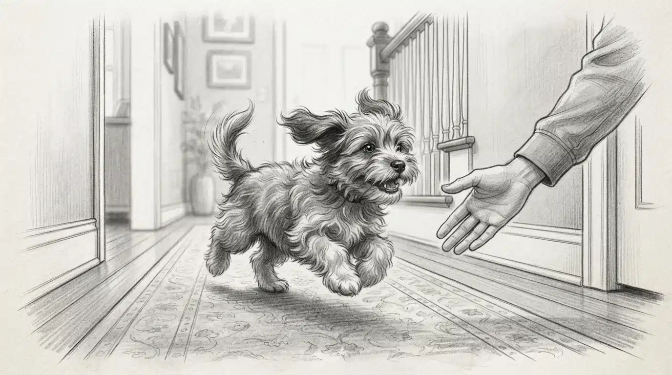 Havanese puppy zooming on hallway rug