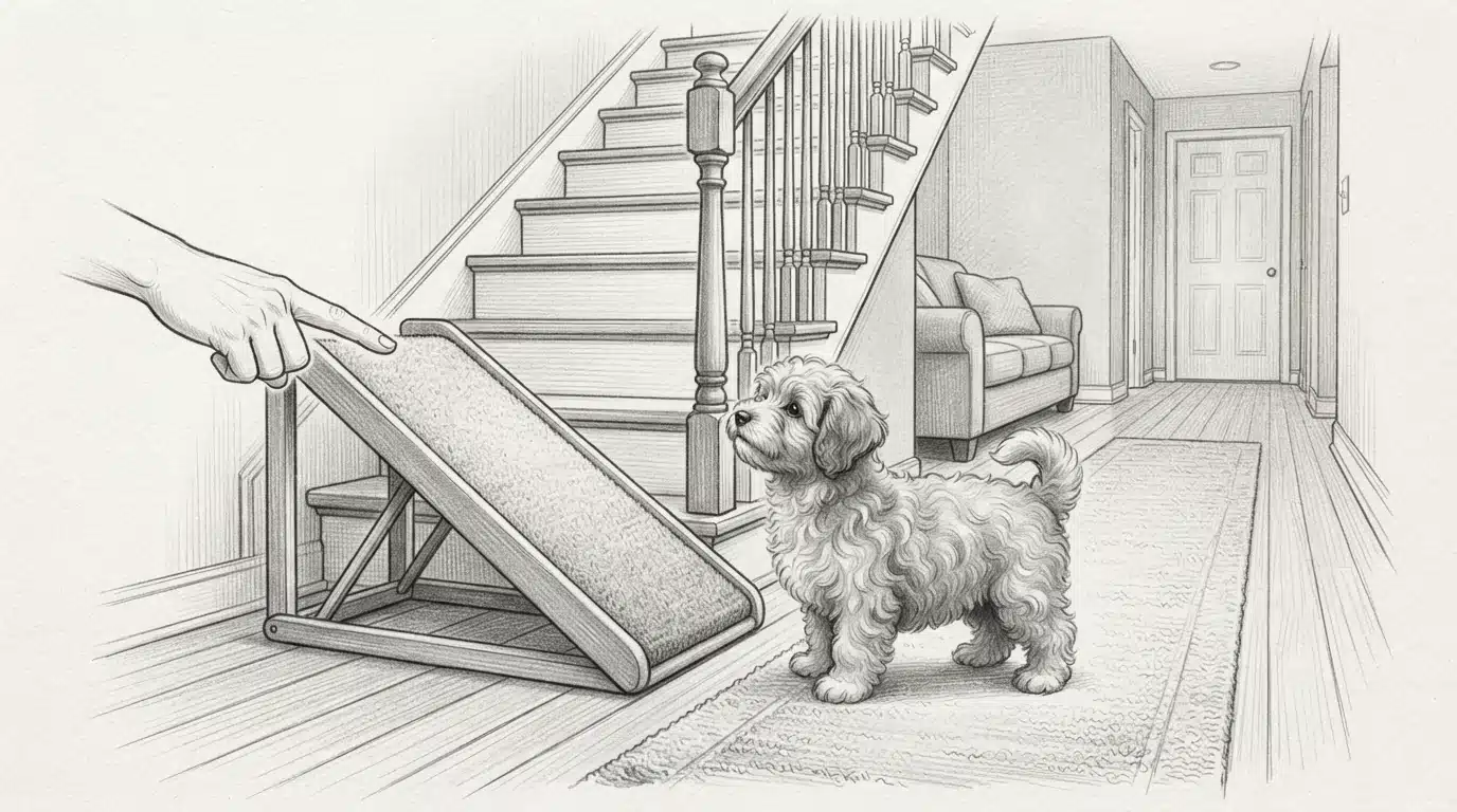 Havanese puppy paused by staircase ramp