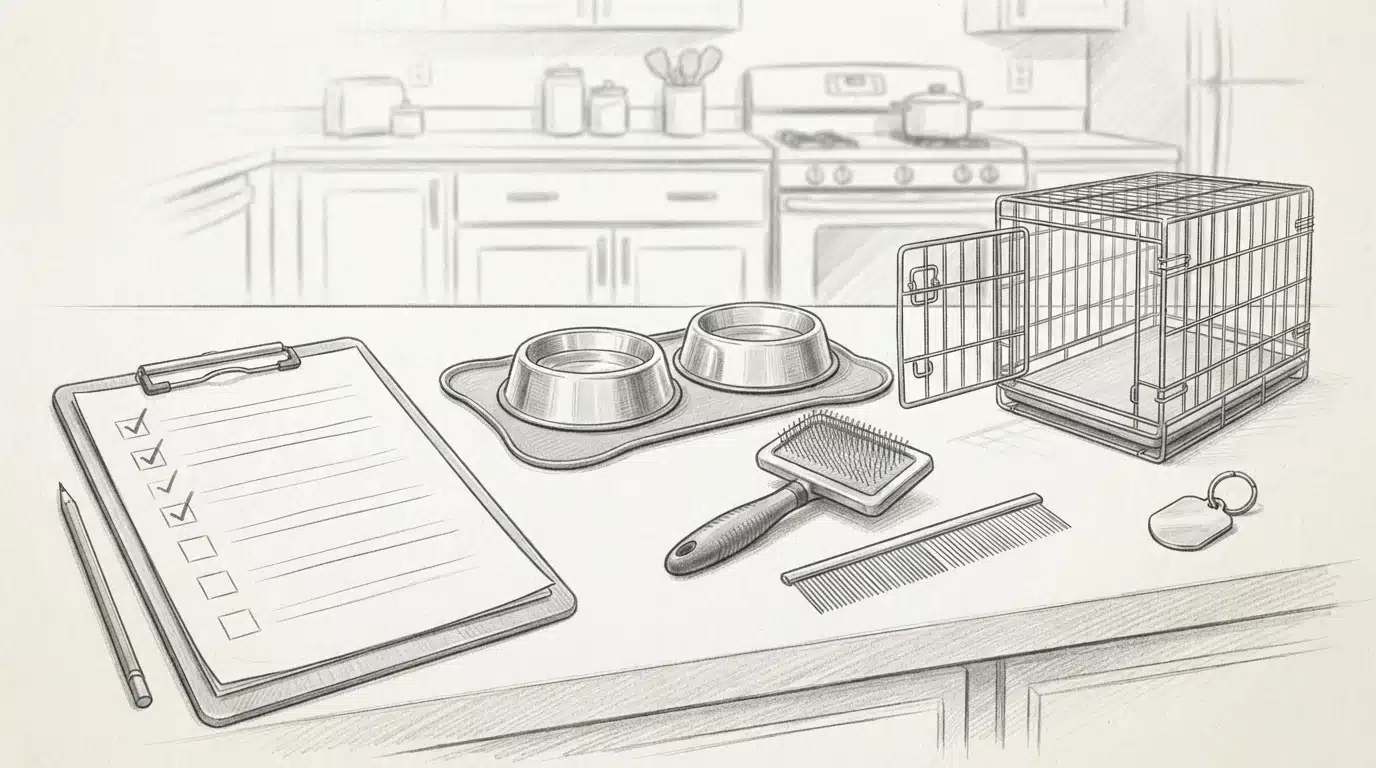 Puppy supplies arranged on kitchen counter