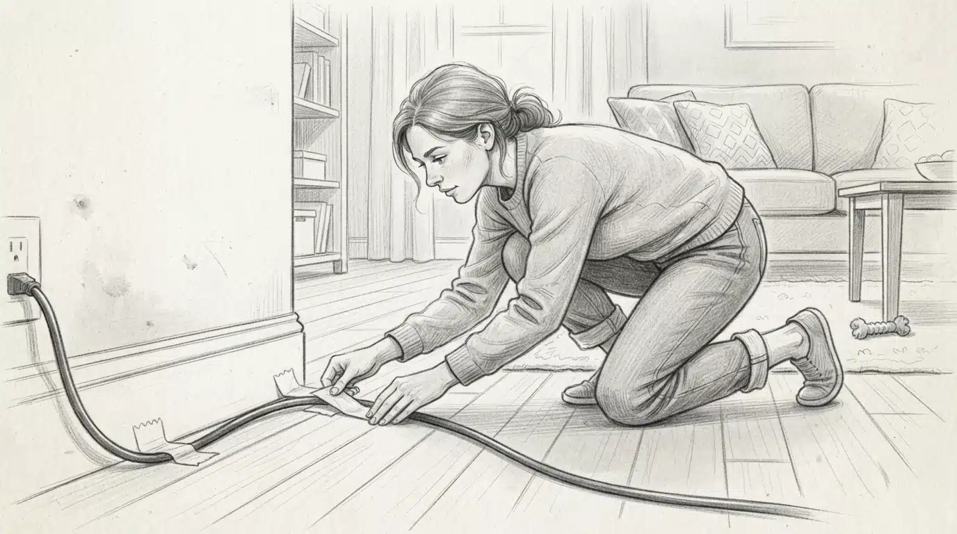 Person taping an electrical cord for puppy-proofing