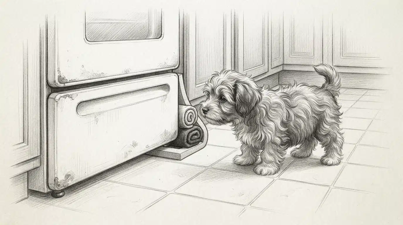 Havanese puppy sniffing a stove gap