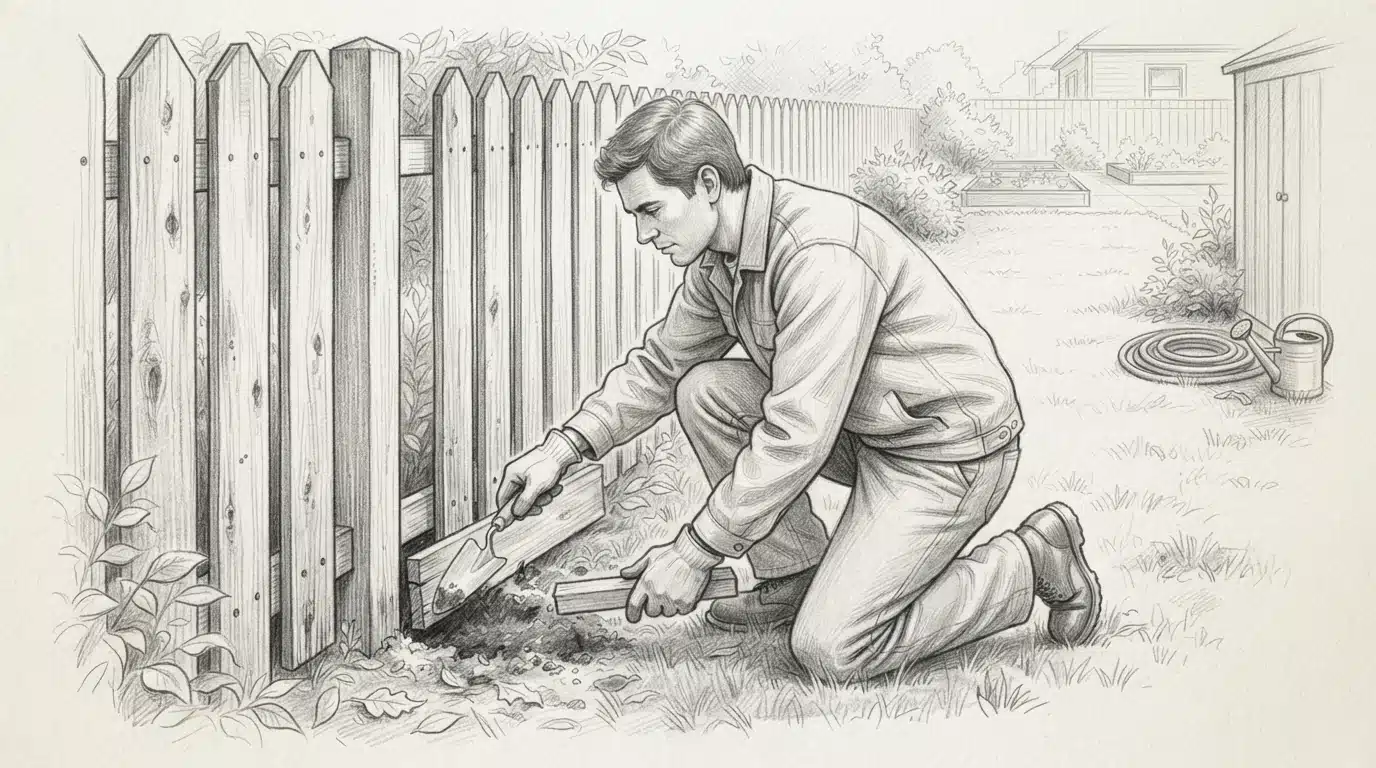 Person kneeling by fence blocking gap