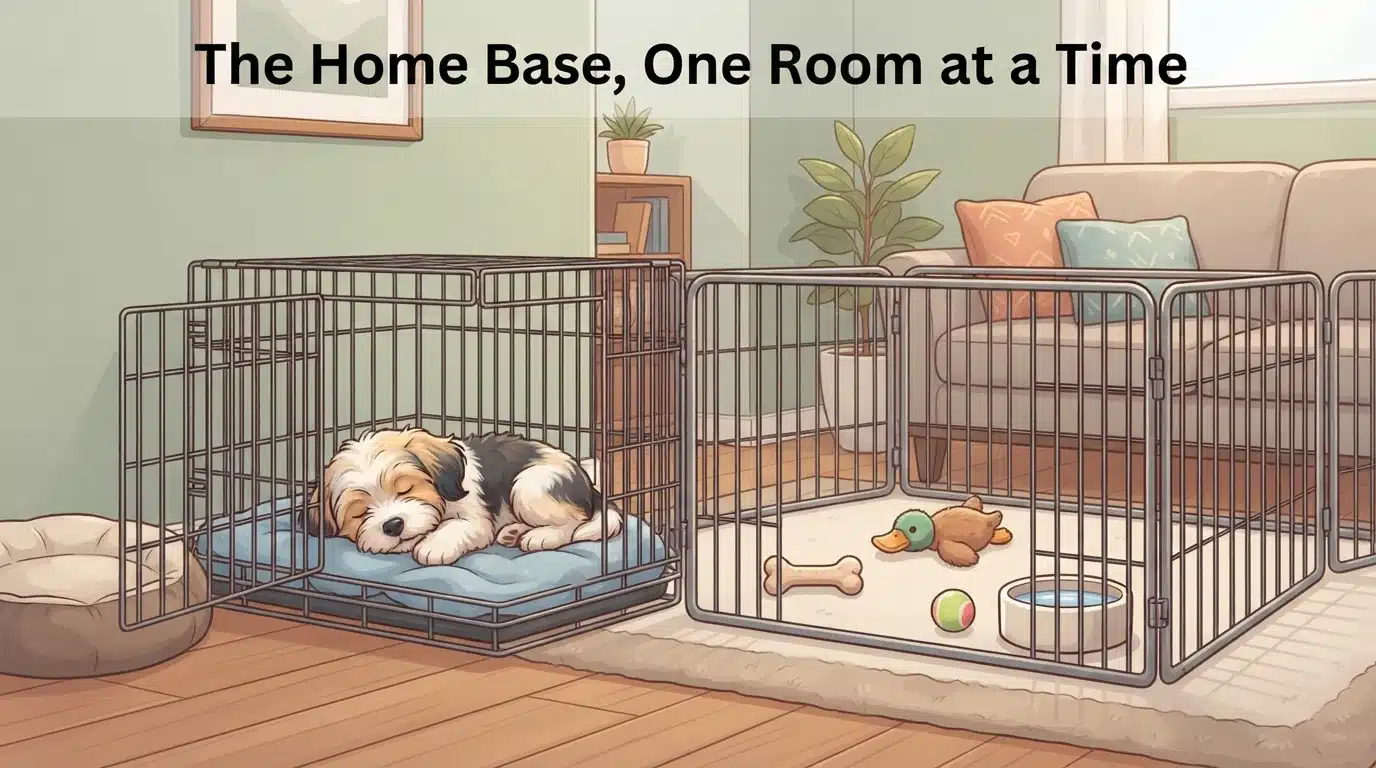 Havanese puppy resting beside playpen and water bowl