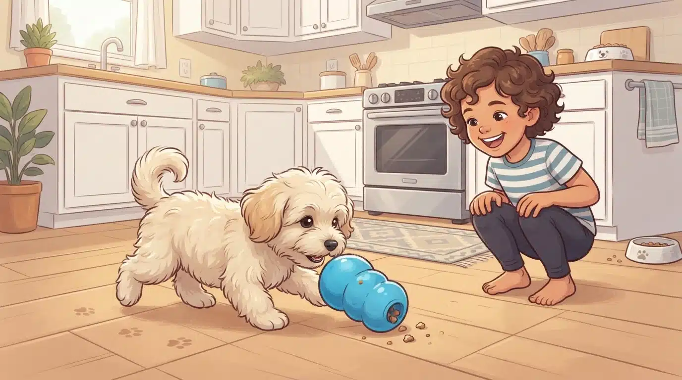 Havanese puppy pushes treat toy during indoor play