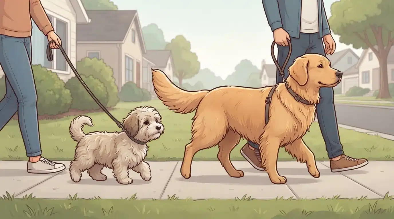 Havanese puppy walks parallel beside calm dog