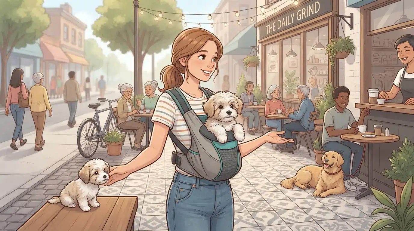 Havanese puppy in front carrier at cafe patio