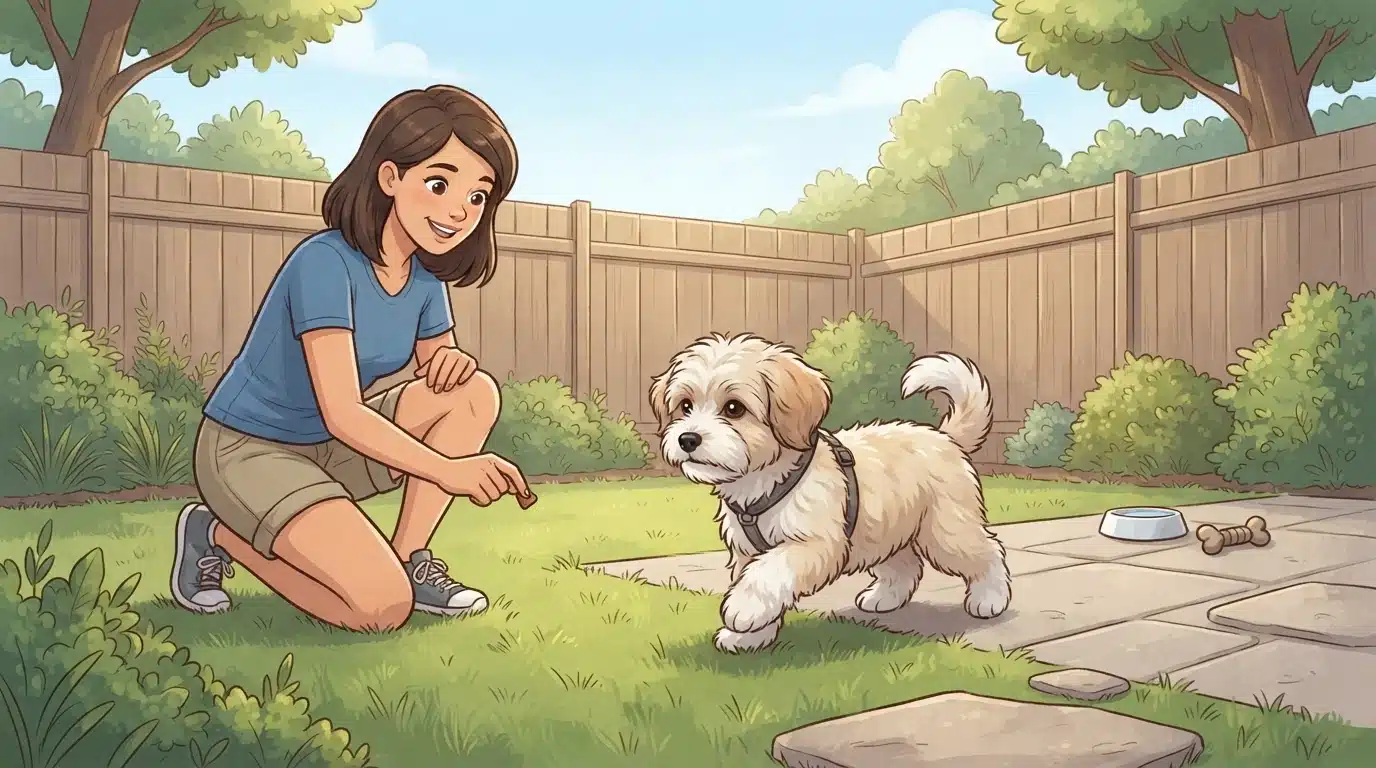 Havanese puppy potty training in fenced backyard