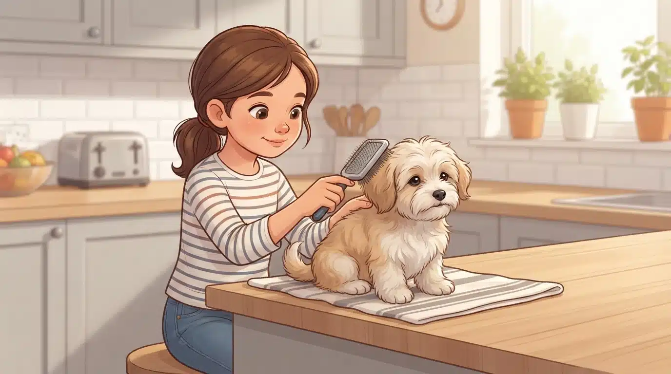 Family member gently brushing a Havanese puppy
