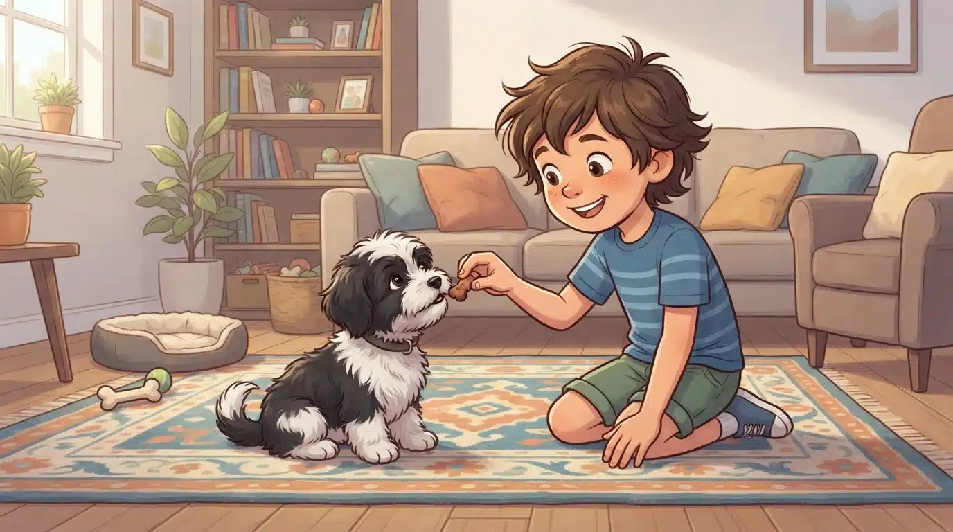 Child gently rewards Havanese puppy during training
