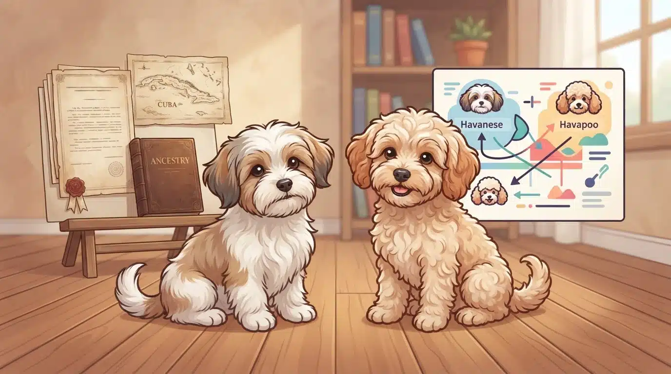 Two puppies sitting side by side on a wooden floor