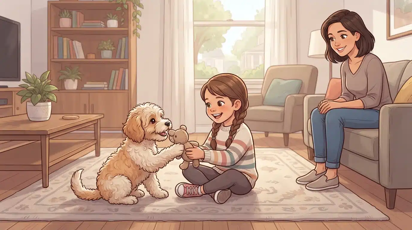 Havapoo Puppy Gently Playing With a Child