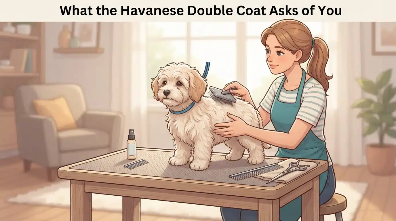 Brushing a fluffy puppy on a grooming table
