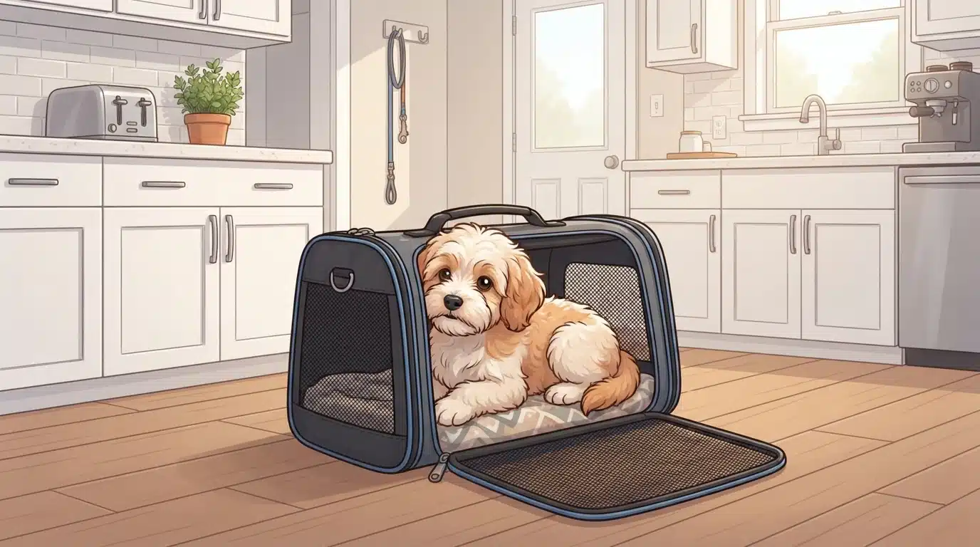 Havapoo Puppy Settling Into Travel Carrier