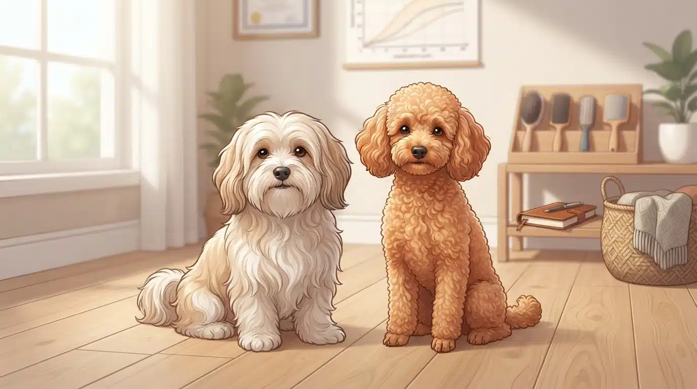 Adult Havanese and apricot poodle sitting side by side