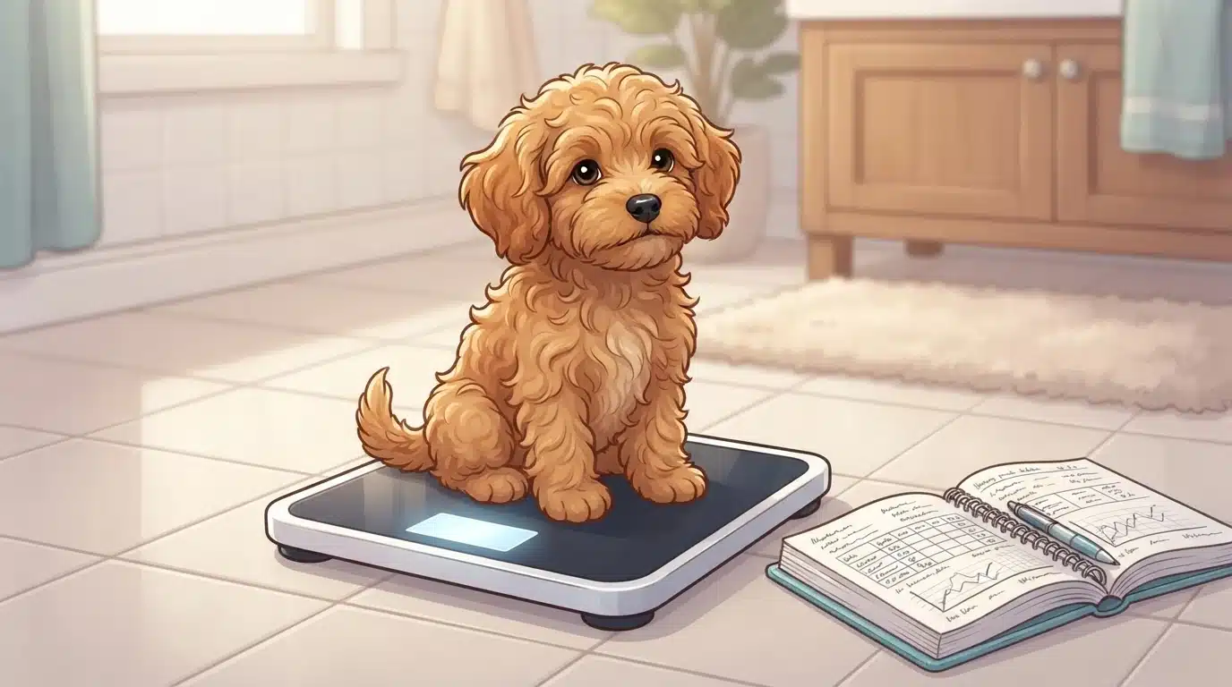 Golden Havapoo puppy on a bathroom scale