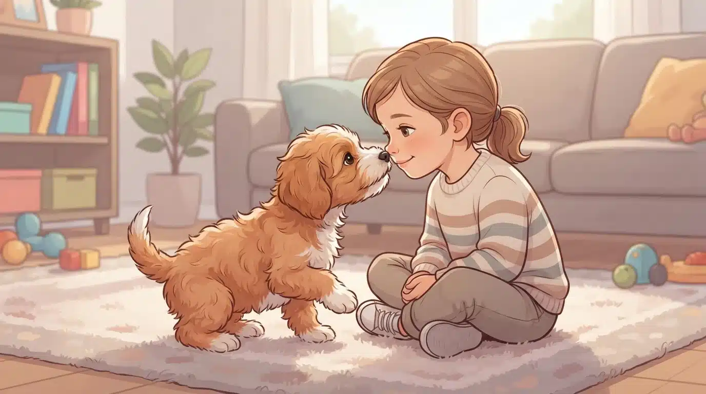 Havapoo puppy gently meets a child