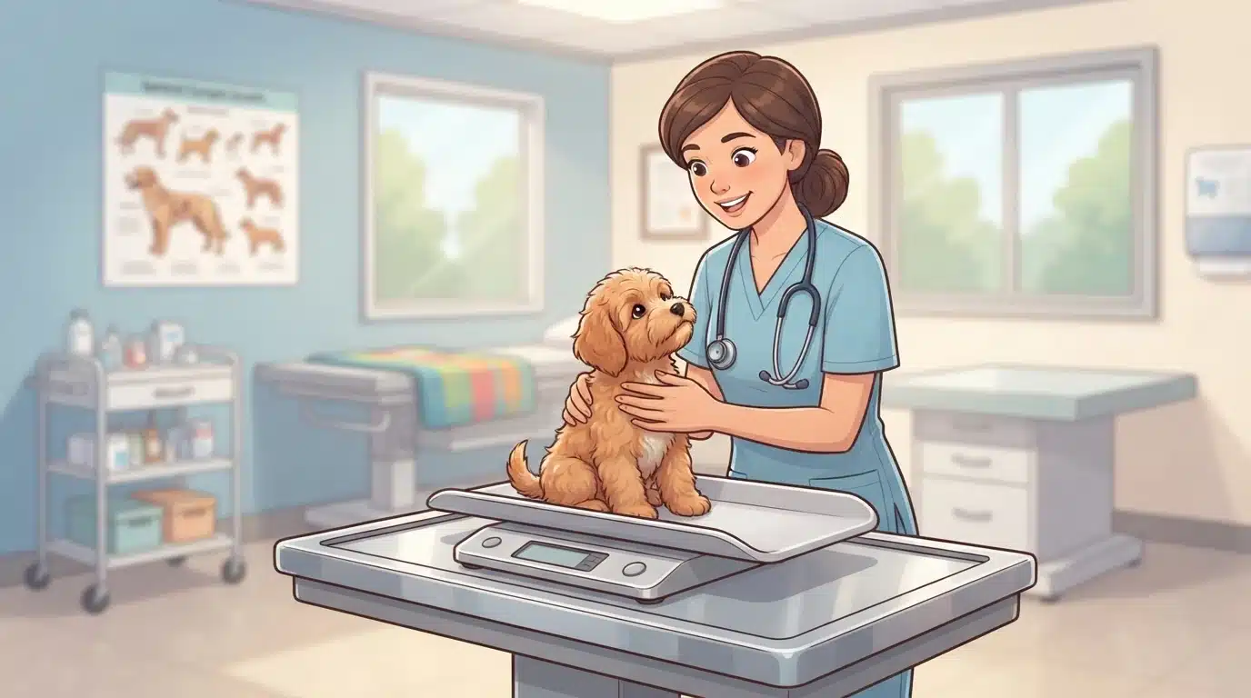 Veterinarian weighing a Havapoo puppy