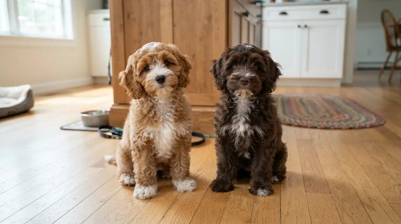 Two fluffy doodle puppies on a kitchen floor