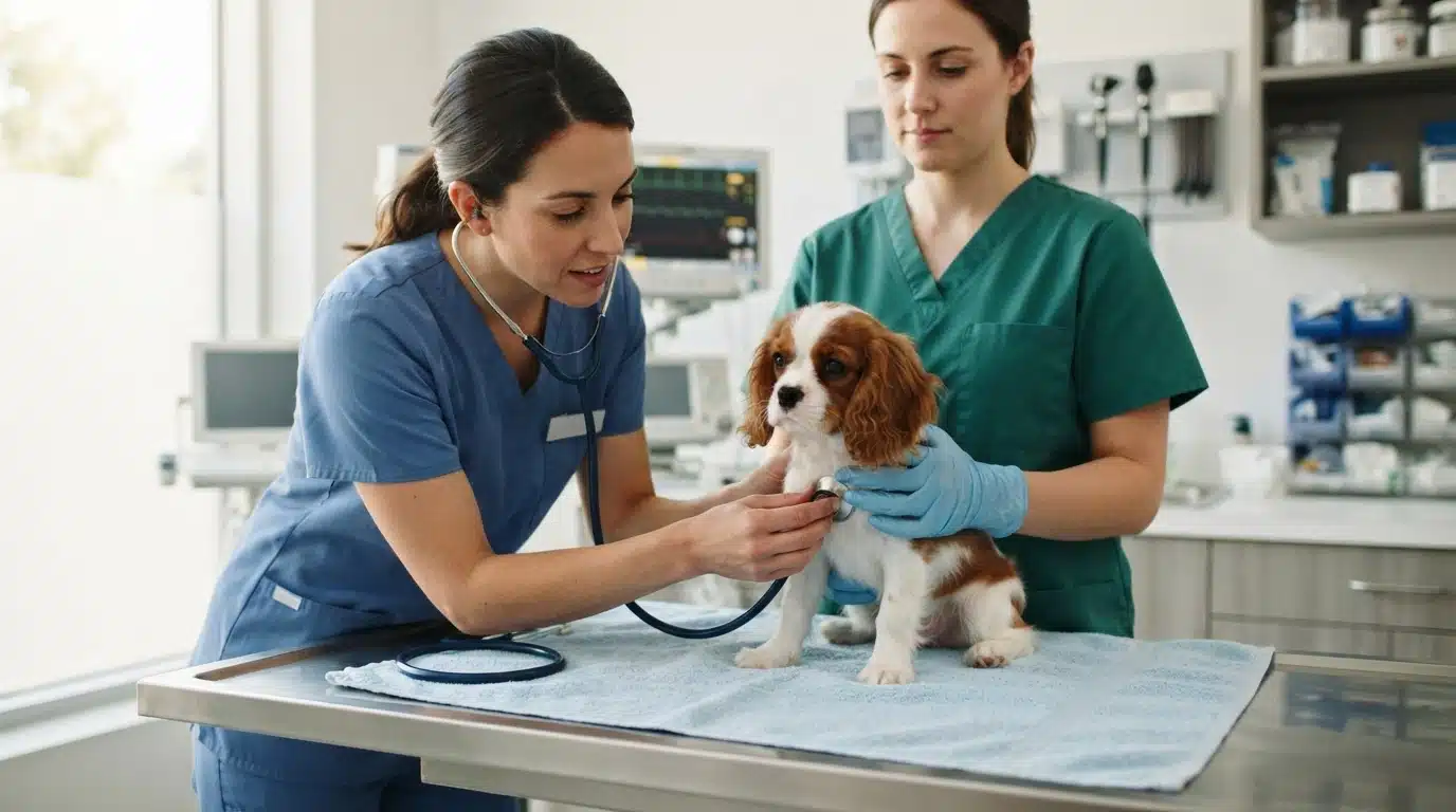 Vet examining a spaniel puppy heart