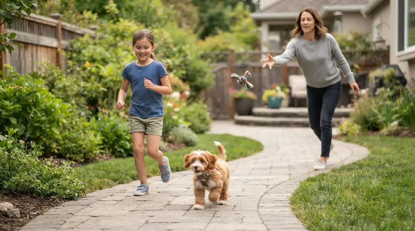 Cavapoo puppy trotting beside a child