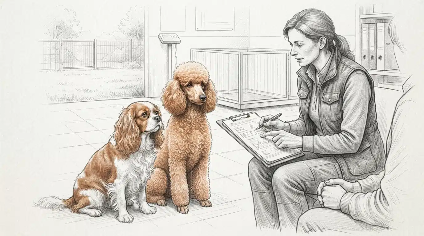 Pencil sketch of a Cavalier and Poodle beside a breeder holding health paperwork