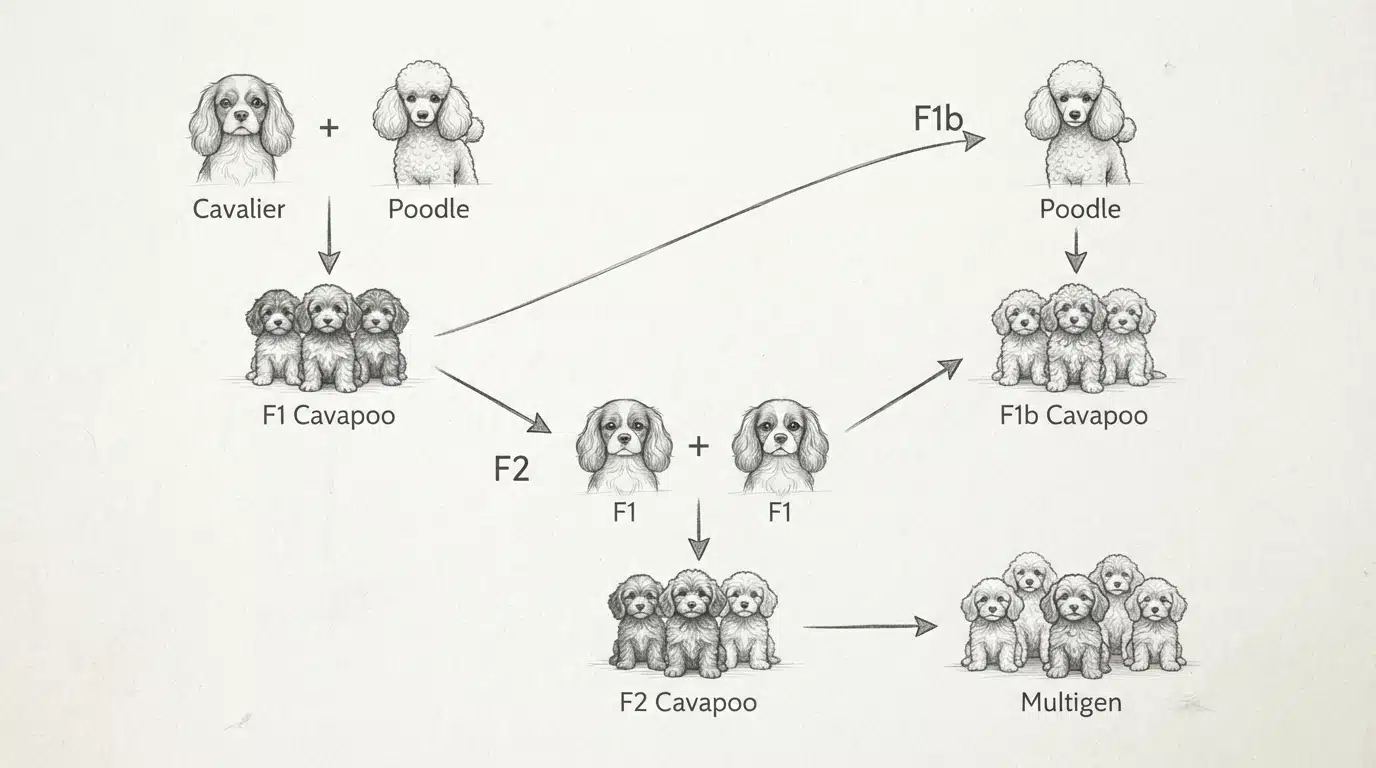 Pencil sketch of Cavapoo breeding pairings and parent breeds